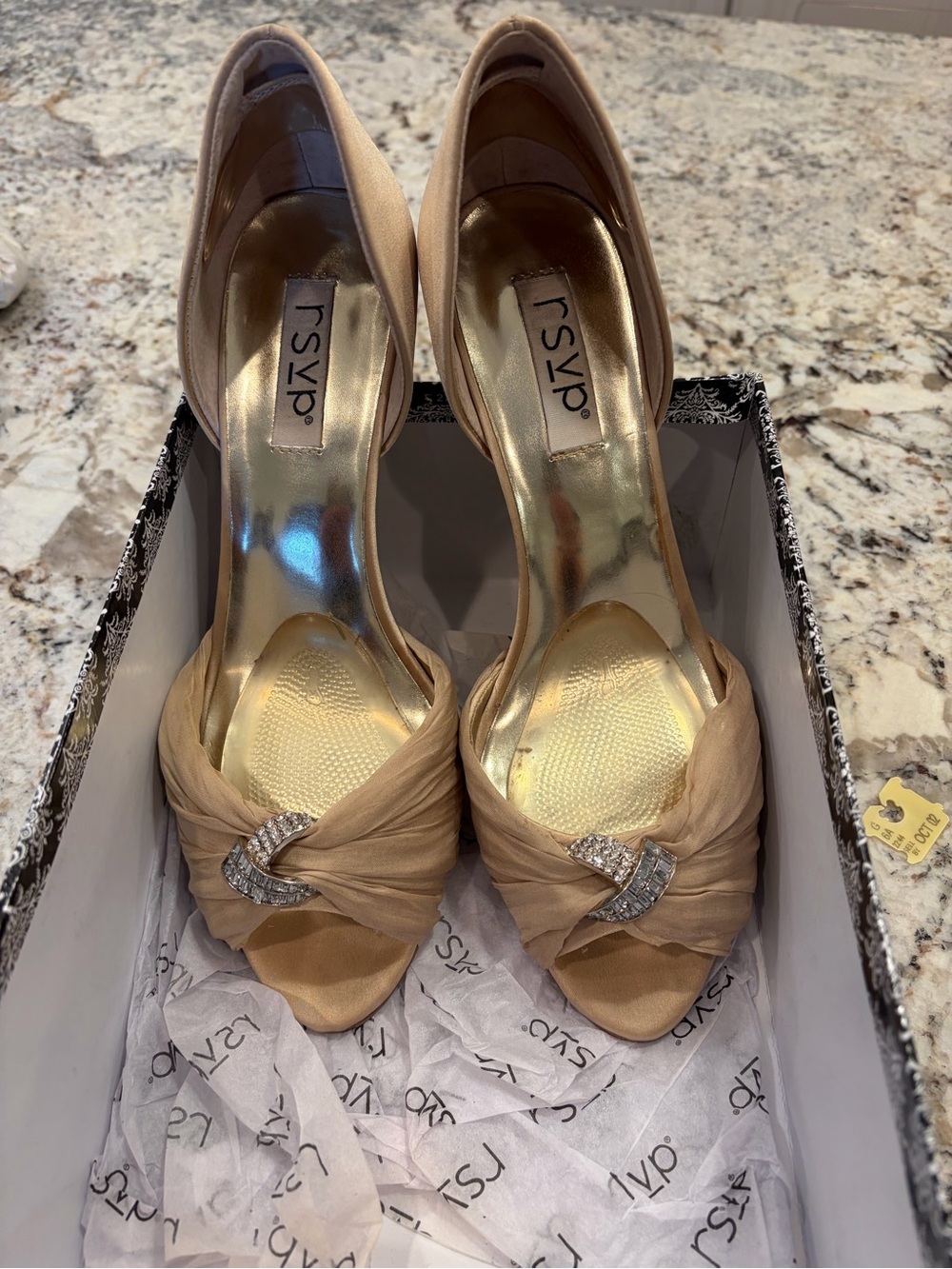 RSVP Nude Satin Peep-Toe Heels with Crystal Knot
